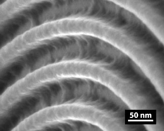 Scanning Electron Microscope (SEM) image of anisotropic three-demensional details of typical line-edge-roughness (LER).